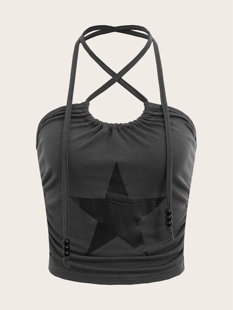 ROMWE STPL Star Print Criss Cross Halter Top | SHEIN USA Cross Halter Top, Criss Cross Halter Top, Trendy Tank Tops, Womens Halter Tops, High Fashion Outfits, Lace Cami Top, Top Halter, Women Tank Tops, Halter Tops