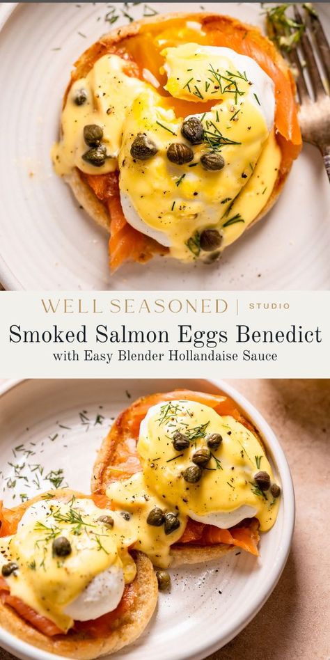 30-Minute Smoked Salmon Eggs Benedict with Blender Hollandaise Salmon Hollandaise Sauce, Poached Eggs With Hollandaise Sauce, Smoked Salmon Eggs Benedict, Crab Benedict, Eggs Benedict Salmon, Salmon Benedict, Smoked Salmon Eggs, Salmon Eggs Benedict, Eggs Benedict With Smoked Salmon