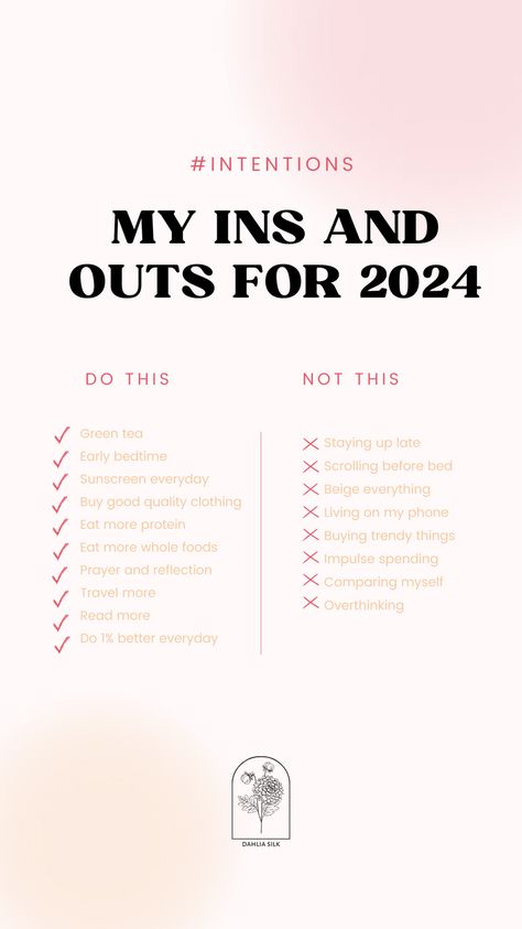 Doing better and dropping bad habits. Welcoming the year with good intentions, systems and goals! #2024 #newyeargoals #newyearintentions #newyearresolutions #goals #intentions #1%better #dobetter #insandouts Fun 2024 Goals, Intentions For 2024, Goals 2024, Instagram Feed Planner, Doing Better, Good Intentions, New Year Goals, In & Out, Staying Up Late