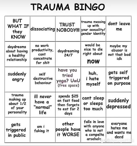 Trauma bingo Fill The Jars Template, Personality Chart, About Me Template, Funny Charts, Character Sheet Template, Bingo Sheets, Bingo Template, Character Template, Bad Relationship