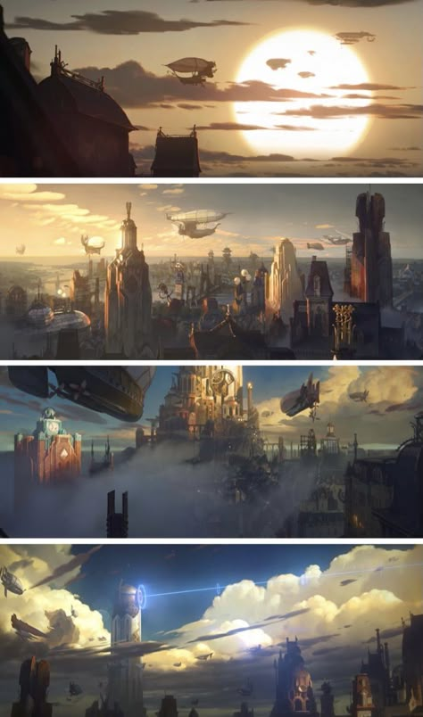 Arcane World Art, Flying City Concept Art, Arcane Piltover City, Arcane Concept Art Environment, Steampunk Environment Concept Art, Aetherpunk City, Piltover Concept Art, Undercity Aesthetic, Aetherpunk Aesthetic