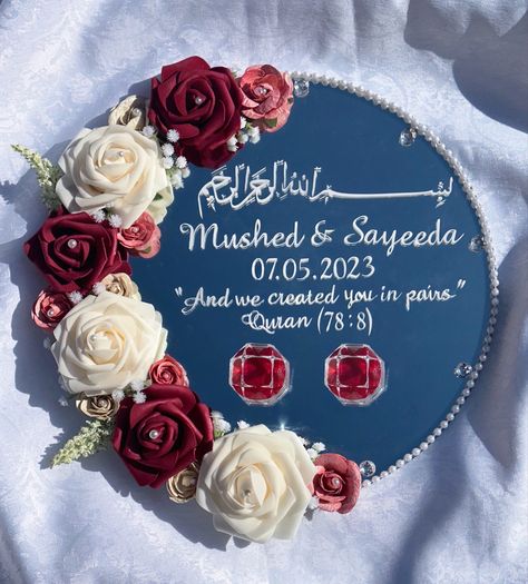 Personalised for your big day! This is an wedding/ engagement ring plate, with red and cream flowers ✨ Each ring plate is customisable according to your preference in terms of colour and design. Engagement Ring Plate, Wedding Ring Plate, Engagement Stage Decoration, Engagement Ring Platter, Mirror Decor Ideas, Bridal Gift Wrapping Ideas, Resin Crafts Tutorial, Ring Plate, Acrylic Wedding Invitations