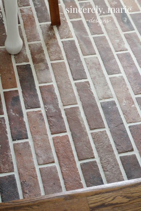 DIY Faux Brick Flooring - Sincerely, Marie Designs Diy Stone Floor, Faux Brick Flooring, Faux Brick Tiles, Brick Floor Kitchen, Brick Tile Floor, Diy Brick Wall, Diy Kitchen Backsplash, Tiled Floor, Brick Paneling