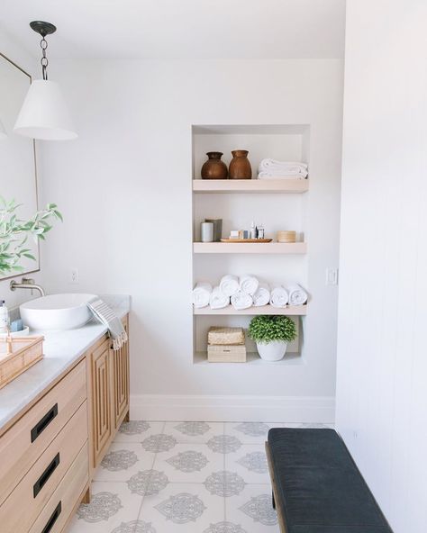 Recessed Shelves Bathroom, Recessed Shelves, The Company Store, Basement Bathroom, Bathroom Refresh, Upstairs Bathrooms, Bathroom Inspo, Bathroom Renos, Bathroom Kids