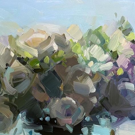 Amy Brnger on Instagram: "Using a cool palette on these roses and chrysanthemums, to contrast the way I handled them yesterday. Because it’s a gray day today! 12 x 12, oil on panel." Amy Brnger, Pallet Knife Painting, Garden Field, Relief Painting, Cool Palette, Abstract Painting Ideas, Canadian Painters, Flowers In Art, Aqua Art