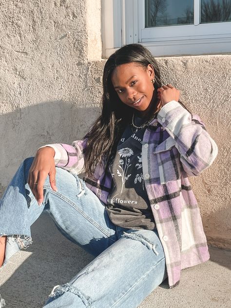 shacket | easter colors | plaid jacket | trening flannel | bonfire attire | trending purple clothing Purple Plaid Shacket Outfit, Purple Shacket Outfit, Bonfire Attire, Purple Flannel Outfit, Flannel Outfit Women, Plaid Flannel Outfit, Flannel Outfits Aesthetic, Plaid Jacket Outfit, Purple Plaid Shirt