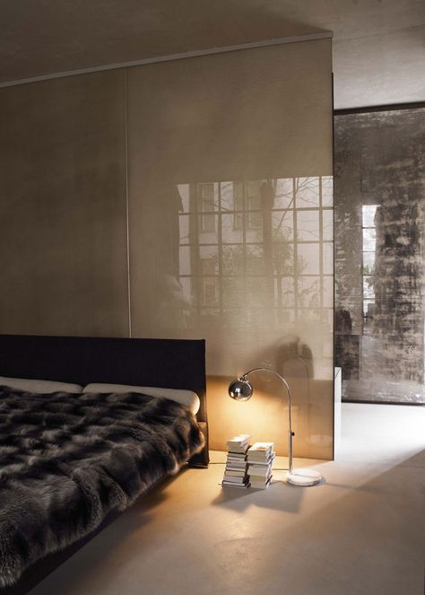 VINCENZO DE COTIIS: A ‘Perfect Imperfection’ Fur Bedspread, Concrete Bedroom, Transparent Curtains, Transparent Concrete, Calm Bedroom, Vincenzo De Cotiis, Silver Curtains, Modern Room Divider, Transparent Screen