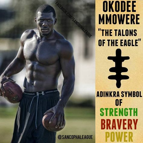 Akan of people of West Africa (more specific to modern day Ghana and Ivory coast) created something called "Adinkra Symbols". They used these symbols to bestow a variety of messages and stories to bring pride their people. These are 100% Authentic African Symbols.  OKODEE MMOWERE  "the talons of the eagle"  symbol of strength, bravery, power Symbol Tattoos For Men, Kwanzaa Symbols, Sleeve Tattoo Men, African Sleeve Tattoo, David Banner, Mansa Musa, Eagle Symbol, African Tattoo, African Symbols