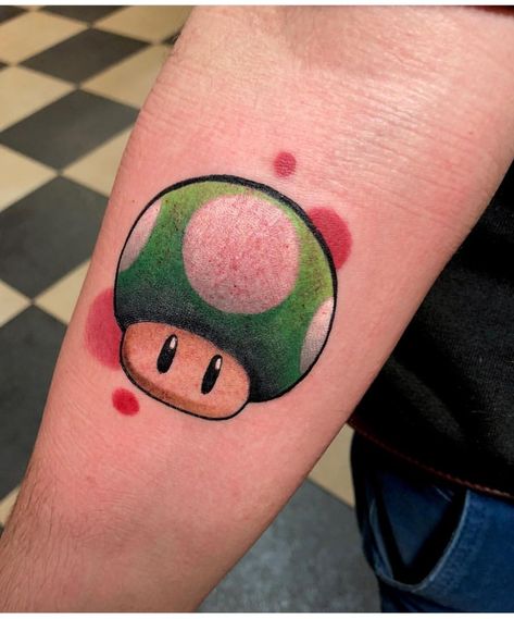 Mario Mushroom tattoo Computer Tattoo, Super Mario Tattoo, Xbox Design, Nintendo Tattoo, Mario Tattoo, Neo Tattoo, Mushroom Tattoo, Gamer Tattoos, Video Game Tattoo