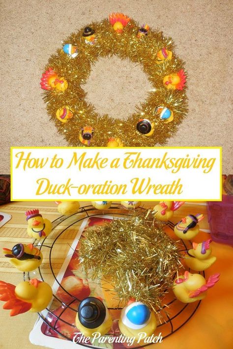 How to make a Thanksgiving wreath decorated with Thanksgiving rubber ducks and garland. Diy Rubber Duck, Thanksgiving Duck, Duck Wreath, Duck Decor, Thanksgiving Wreath, Rubber Ducks, Winner Winner, Thanksgiving Wreaths, Cricut Craft Room