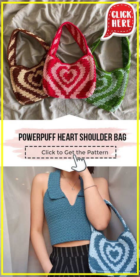 crochet Powerpuff Heart Shoulder Bag easy pattern - Easy Crochet Bag Pattern for Beginners. Click to Try the Pattern #Bag #crochetpattern #crochet via @shareapattern.com Powerpuff Crochet Bag Pattern, Heart Bag Pattern Crochet, Heart Pattern Crochet Bag, How To Crochet A Shoulder Bag, Heart Crochet Bag Pattern Free, Crochet Powerpuff Heart Bag Free Pattern, Crochet Cute Bag Pattern Free, Crochet Heart Bags, Powerpuff Crochet Bag