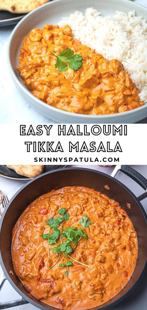 Halloumi Tikka Masala Halloumi Curry Recipe, Halloumi Tikka Masala, Healthy Vegetarian Meal Ideas, Veggie Tikka Masala, Hallumi Recipes Dinner, Veggie Indian Recipes, Vegetarian Tikka Masala, Vegetarian Masala, Halloumi Curry