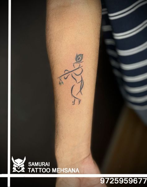 Kanha Ji Tattoo Design, Krishna Simple Tattoo, Dwarkadhish Tattoo Designs, Sanatan Tattoo Ideas, Krishna Ji Tattoo, Bharatnatyam Tattoo, Radhakrishna Tattoo, Krishna Tattoo Small For Women, Tattoo Krishna