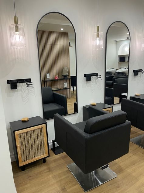 Beauty Salon Interior Design Luxury Black, At Home Salon Ideas Small Spaces, Salon Ideas Small Spaces, Black Salon Chairs Interior Design, Black Gold Hair Salon Interior, Hair Salon Single Chair, Home Salon Ideas, Dryer Chair Salon, At Home Salon Ideas