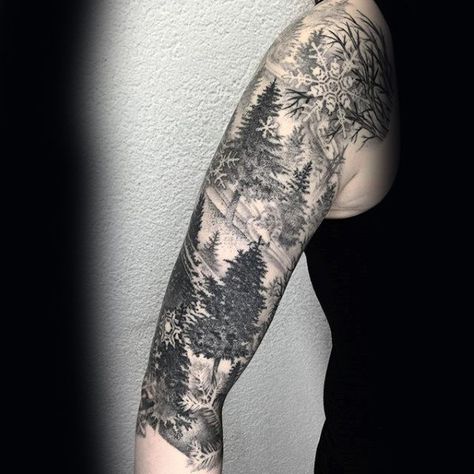 Pine Tree Sleeve Mens Shaded Black And Grey Tattoo Designs Natur Tattoo Arm, Colorful Sleeve Tattoos, Tree Sleeve Tattoo, Winter Tattoo, Snow Tattoo, Tree Tattoo Arm, Tree Sleeve, Mangas Tattoo, Snow Flake Tattoo