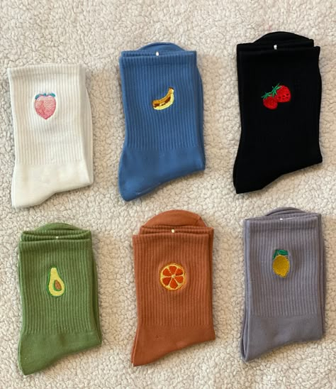 Funny Socks Outfit, Fun Socks Outfit, Embroidery On Socks, Fruits Embroidery, Sock Embroidery, Socks Embroidery, Dark Grey Suit, Fruit Clothing, Fruit Socks