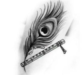 Morpankh Sketch, Flute With Peacock Feather Drawing, Flute With Feather Tattoo Designs, More Pankh Tattoo, Feather With Flute Tattoo, Morpankh Tattoo, Mor Tattoo, Rudraksh Tattoo, Mor Pankh Tattoo