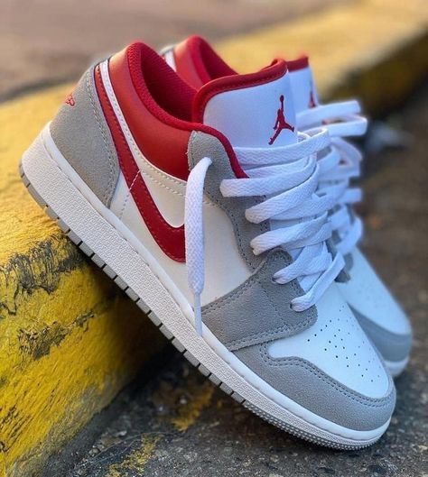 Nike Shoes Men's Sneakers, Best Nike Shoes, Air Jordan 1 Low White, Red Nike Shoes, Jordan 1 Low White, Nike Sneakers Mens, Balance Trainers, Trendy Shoes Sneakers, Nike Fashion Shoes