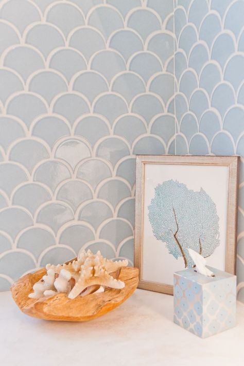 fish scale tile, mermaid tile, light blue tile, bathroom tile, coastal bathroom. Light Blue Tile Bathroom, Scallop Tile Bathroom, Coastal Bathroom Tile, Scallop Tile, Blue Tile Bathroom, Light Blue Tile, Modern Coastal Interior Design, Scallop Tiles, Light Blue Bathroom