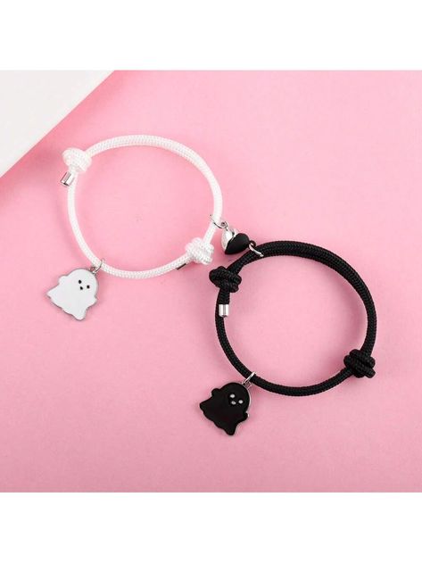 2 pièces/set Bracelet de couple Noir et Blanc Bracelet Fantôme pour Filles Cadeau de Bijoux d'Amitié BFF Argent Mignon   Alliage de zinc     Women Fashion Jewelry, size features are:Bust: ,Length: ,Sleeve Length: