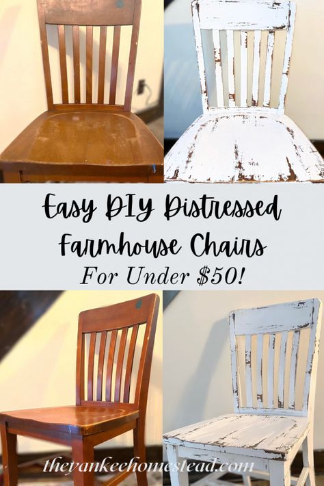 Diy Farmhouse Kitchen Chairs, Distressed Table And Chairs, Rustic Chairs Dining, Antique Chair Decor, Chalk Paint Dining Chairs, Refinish Dining Chairs, Oregon Cabin, Farmhouse Kitchen Chairs, Dining Room Chairs Diy