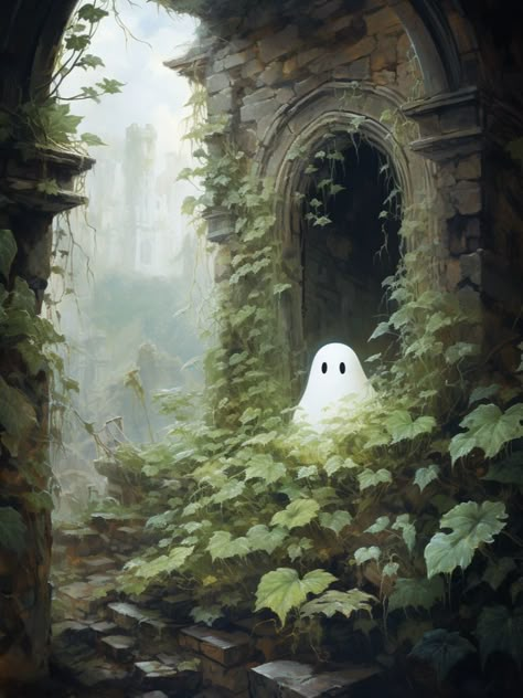 An oil painting of a cute little ghost standing in an abandoned castle. Ghost Print, A Ghost, Halloween Art, Dark Academia, Ghost, Forest, Halloween, Wall Art, Art