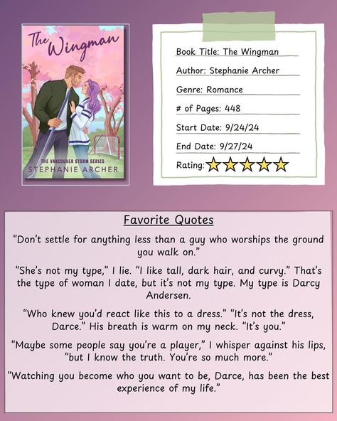 ARC Review The Wingman by Stephanie Archer 4.5/5 ⭐️ Darcy has recently ended her long term relationship and moved back to Vancouver. She is currently staying with Hayden, her best friend and Vancouver Storm’s star hockey player. Darcy is done with relationships. She’s only been with one guy and decides she wants to have fun. And she knows just the guy to teach her the ropes. Hayden has the reputation of being a player. He’s also had feelings for Darcy since they met in college. When she a... Vancouver Storm Series, The Wingman Stephanie Archer, Done With Relationships, Archer Quotes, Stephanie Archer, Romcom Books, Stars Hockey, Book Couples, Hockey Player