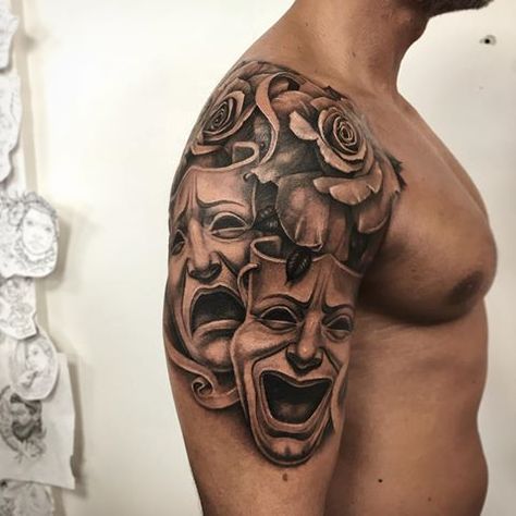 Black Shoulder Tattoo Men, Mens Arm Tattoos Bicep, Gemini Tattoo Men, Dark Skin Tattoo Men, Shoulder Tattoo Men Black, Mens Shoulder Tattoo Ideas, Shoulder Tattoo Men Ideas, Gemini Tattoo For Men, Black Skin Tattoo