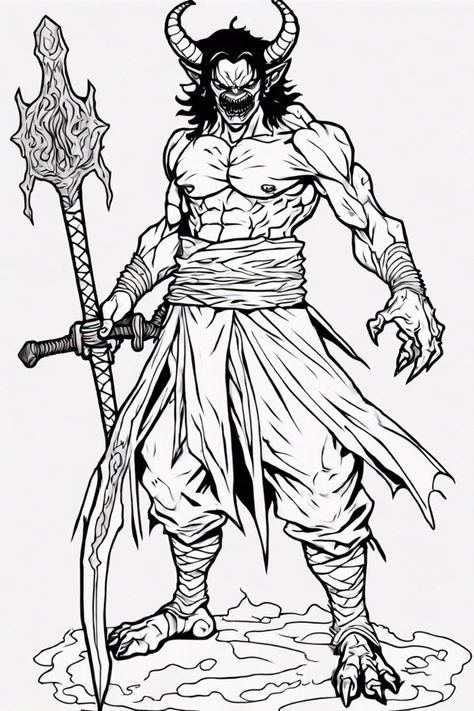 Unleash the fun with a free Demon Slayer coloring page featuring a Demon Warlord with Dual Blades. Perfect for all ages, get ready to add color and life to this epic character. Find your inner artist and bring this dynamic character to life through vibrant hues and creativity. Click now to get your free printable coloring page and start your coloring adventure! Demon Slayer Coloring Page, Dual Blades, Batman Coloring Pages, Personalized Coloring Book, Monster Artwork, Epic Characters, Dark Warrior, Pokemon Coloring Pages, Pokemon Coloring