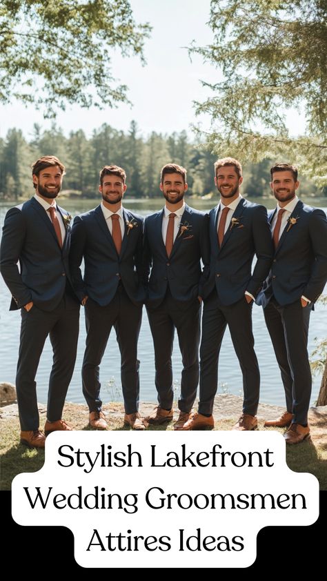 A group of groomsmen dressed in stylish outdoor wedding attire, standing by a scenic lakefront, showcasing coordinated colors and elegant suits ideal for a lakeside ceremony. Groomsmen Navy Suits, Groomsmen Attire Ideas, Navy Groomsmen Suits, Navy Groomsmen, Lakefront Wedding, Classic Suits, Wedding Groomsmen Attire, Groomsmen Looks, Groom And Groomsmen Attire