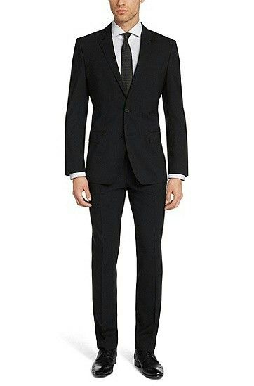 Huge/Genius' | Slim Fit, Stretch Virgin Wool Suit by BOSS Black Fitted Suit, Groom Suit Black, Formal Suits Men, Best Indian Wedding Dresses, Terno Slim, Hugo Boss Suit, Stylish Mens Suits, Suit Fit Guide, Black Suit Men