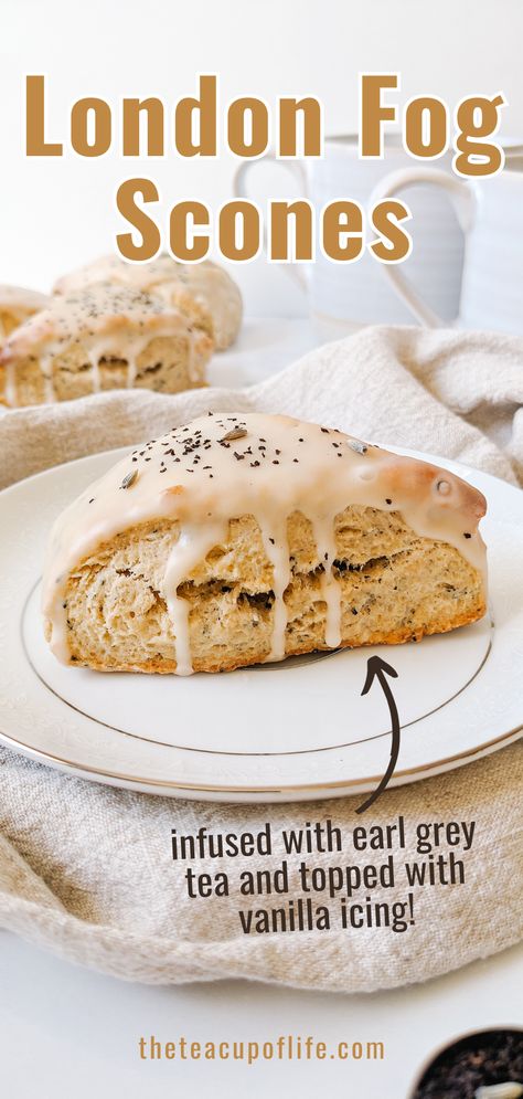 Aromatic and tender scones infused with earl grey black tea and topped with vanilla icing. These scones are filled with bright bergamot flavour and sweet, comforting vanilla notes just like a London Fog tea latte. If you are a fan of this popular latte, these scones are for you. Scone Fillings, Scones Made With Heavy Cream, London Fog Scones, Tea Pastry Recipes, Lavender Earl Grey Scones, Black Tea Cookies, English Tea Scones, Earl Gray Scones, Christmas Morning Scones