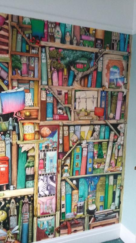 Library Murals, Library Mural, Colin Thompson, Stories Wallpaper, Colouring Wall, Witchy Cottage, School Library Displays, Window Mural, Library Display