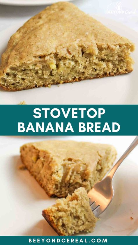 This easy stovetop recipe can cook an entire skillet's worth of banana bread in under 20 minutes, start to finish. Enjoy a slice of warm sweet bread and forget about the oven! Ever find yourself without an oven and with ripe bananas? It happens more often than we'd like to admit and while you could simply freeze those bananas for later, why not enjoy them now? With this banana bread recipe you can enjoy the flavor of a freshly baked loaf in under half the time it would normally take to bake it. Apartment Cooking, Cooking Desserts, Ripe Banana Recipe, Banana Bread Recipe Healthy, Frugal Recipes, Tasty Snacks, Stove Top Recipes, Banana Dessert, Healthy Banana Bread