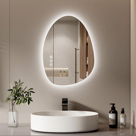 S'AFIELINA Bathroom Mirror with LED Lights 60 x 45 cm Asymmetrical LED Bathroom Mirror with Smart Touch Switch, 3 Colors Dimmable Light, Anti-Fog, Memory Function Wall Mounted Vanity Mirror Home Theater Room Design, Theater Room Design, Led Bathroom Mirror, Mounted Vanity, Illuminated Mirrors, Mirror With Led Lights, Home Theater Rooms, Futuristic Interior, Led Bathroom