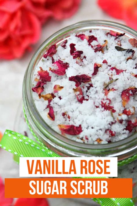 A Vanilla Rose Sugar Scrub recipe that smells amazing and leaves your skin feeling silky smooth. The perfect gift or self care item for yourself. Exfoliate with with this homemade sugar scrub. Rose Sugar Scrub, Homemade Sugar Scrub, Sugar Scrub Homemade, Sugar Scrub Recipe, Shower Rose, Shower Diy, Free Printable Gift Tags, Homemade Products, Bridal Shower Diy