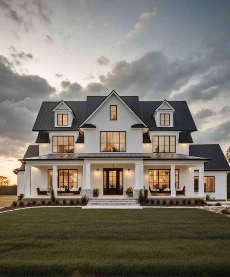 Dream House Country, White Farmhouse Exterior, White Modern Farmhouse, White Exterior Houses, Farmhouse Exterior Design, Contemporary House Exterior, Dream Life House, Modern Farmhouse Exterior, Farmhouse House