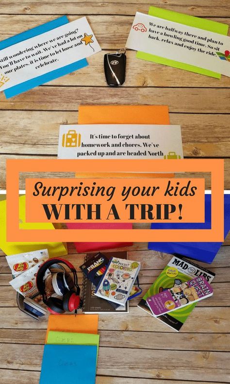 Planning a Surprise trip for your kids? Read about how we surprised our kids with a spring break trip and gave them clues along the way! Vacation Scavenger Hunt For Kids, Surprise Trip Scavenger Hunt Clues, Vacation Reveal Scavenger Hunt, How To Surprise Kids With A Trip, Surprise Trip Reveal Ideas Kids, Trip Reveal Scavenger Hunt, Trip Reveal Ideas, Surprise Vacation Reveal, Disney Trip Reveal