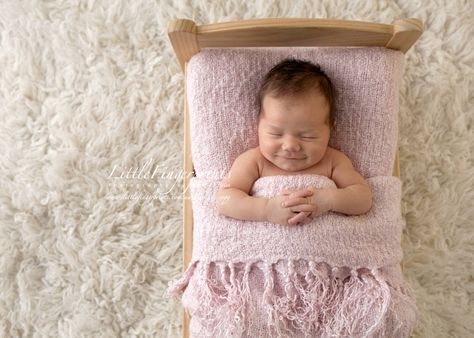 Newborn Couch Photos, Mini Bed Newborn Photography, Ikea Doll Bed, Mini Bed, White Sheet Newborn Photoshoot, Newborn Bed Prop, Tiny Bed, Newborn Beanbag Poses, Bed Photos