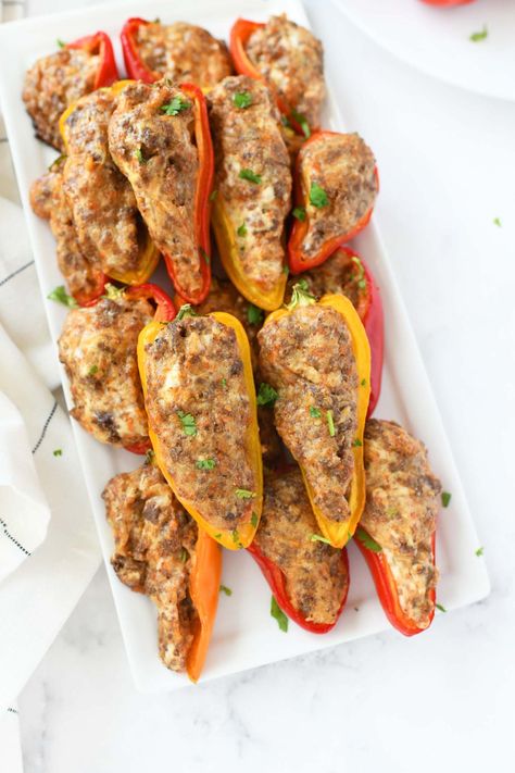 Mini Peppers Recipes, Baked Peppers, Taco Stuffed Peppers, Mini Peppers, Apple Fritter Bread, Mini Sweet Peppers, Stuffed Mini Peppers, Slow Cooker Tacos, Appetizer Dishes