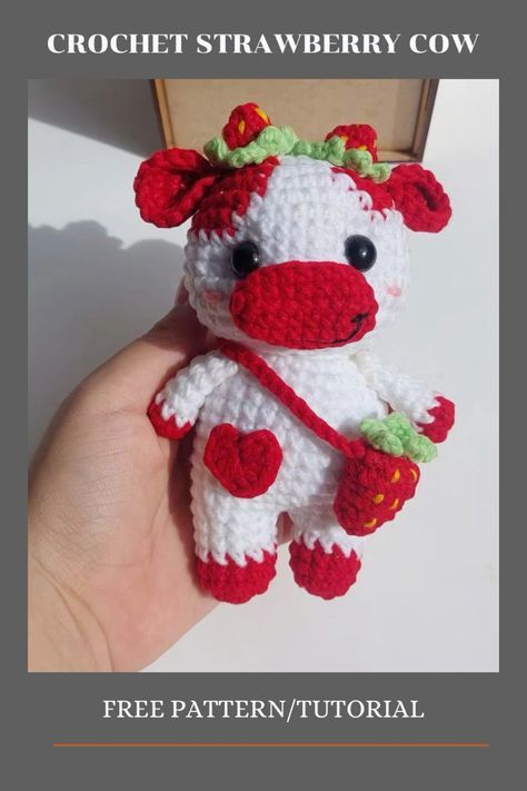 Crochet Strawberry Cow Free Pattern/Tutorial #knittedtoys #handmadeideas #knittedtoysfreepatternsteddybears #knittedtoysfreepatternsgolliwog Strawberry Cow Crochet Pattern Free, Crochet Stuffy Ideas, Strawberry Amigurumi Free Pattern, Strawberry Crochet Pattern Free, Crochet Baby Toys Free, Crochet Strawberry Pattern Free, Strawberry Cow Crochet Pattern, Crochet Cow Pattern Free, Crochet Stuffed Animals Free Patterns