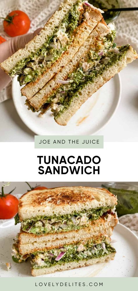 This Joe & the Juice Tunacado Sandwich filled with tuna and jam packed with flavor from the herby pesto to the spicy mayo. This tuna and avocado sandwich is the perfect working from home lunch recipe. If you want a spicy tunacado sandwich, add on my homemade spicy aioli. Tuna Cucumber Sandwich, Tuna Cado Sandwich, Wickles Spicy Red Sandwich Spread Recipe, Spicy Tunacado Sandwich, Tunacado Sandwich Joe And The Juice, Tunacado Recipe, Tuna Sandwich Recipes Healthy, Work From Home Lunch Ideas, Tunacado Sandwich