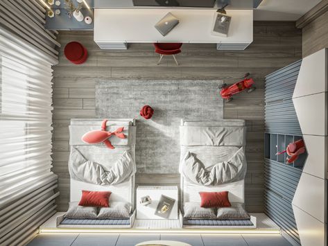 Boy's Bedroom on Behance Forest Kids Room Double Twins, Room For 2 Boys, Tiwn Beds Boys, Twin Sharing Hostel Room Plan, Twin Boys Bedroom, Kids Bedroom Furniture Design, Small Room Design Bedroom, Boys Room Design, Kids Room Interior Design