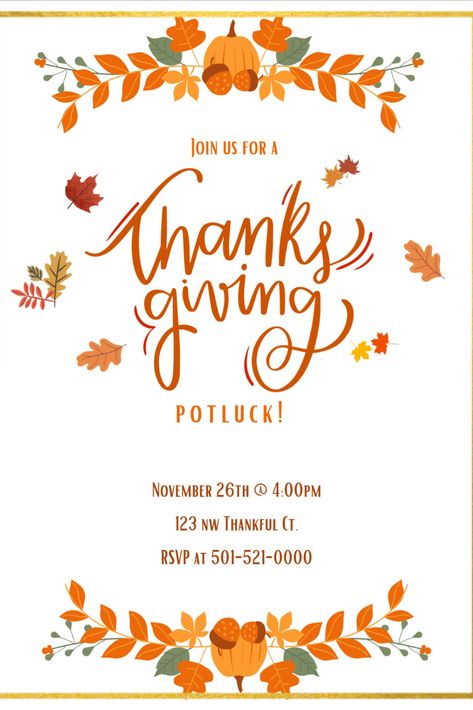 Spread the warmth and share the feast with our Thanksgiving Potluck digital invite. Customize and send it to your friends and family, and let's come together to celebrate gratitude and good food. #ThanksgivingPotluck #DigitalInvite #GratitudeGathering #CustomizableInvitation #FeastAndShare Thanksgiving Potluck, Digital Invite, Come Together, Share The Love, Digital Invitations, Gratitude, Invitation Template, Good Food, Thanksgiving