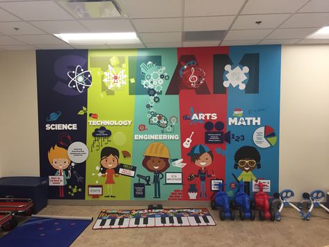 Steam School Decor, Steam Decorations Classroom, Steam Classroom Decor, Stem Mural, Science Mural, School Wall Art Ideas, Science Wallpaper, Steam School, Preschool Logo