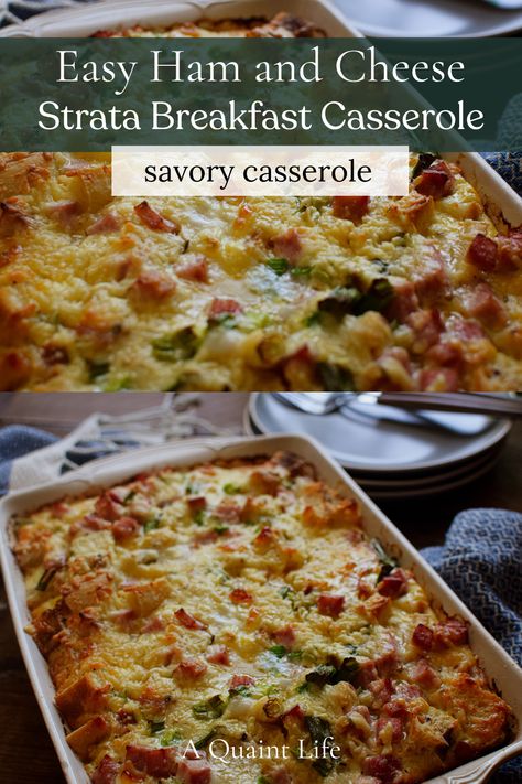 This easy ham and cheese strata breakfast casserole is a layered savory casserole that can be made ahead of time or the morning of for a delicious, filling casserole the whole family will love. Christmas Strata Recipes, Egg Strata Recipes, Breakfast Strata Recipes, Ham And Cheese Strata, Croissant Strata, Strata Breakfast, Ham Strata, Savory Casserole, Strata Recipes Breakfast