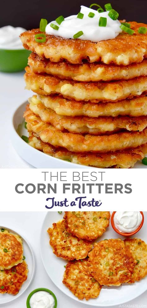 This Corn Fritters recipe can be made with fresh, frozen, canned or creamed corn for the ultimate crispy snack 365 days a year! For a tasty twist, load up the fritters with your choice of cheese (and perhaps a little bacon?!). #cornfritters #fritters #cornfrittersrecipe #justatasterecipes Esquites Fritters, Cream Corn Fritters Recipe Easy, Amish Onion Fritters Recipe, Jiffy Mix Corn Fritters Easy, Creamed Corn Fritters Recipe, Recipes Using Corn, Cream Corn Fritters, Cornmeal Fritters, Corn Bites