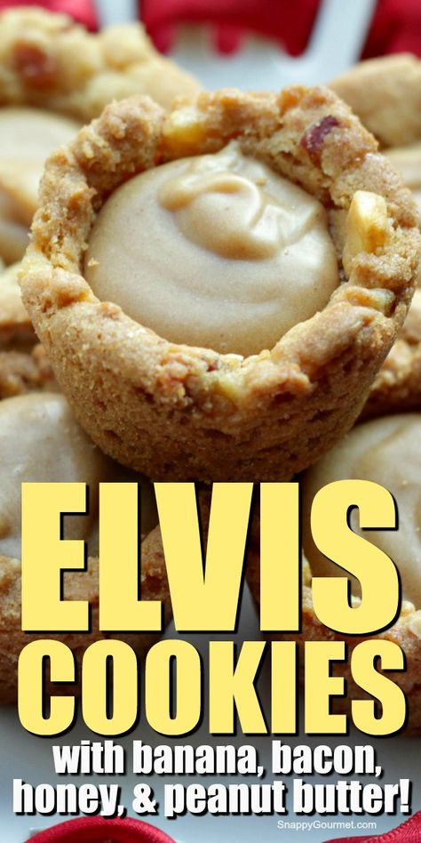 ELVIS INSPIRED COOKIES - delicious soft filled cookie cup recipe with banana, bacon, honey, and peanut butter inspired by the popular Elvis sandwich. #SnappyGourmet #Bacon #Cookies #Elvis Elvis Sandwich, Banana Bacon, Bacon Desserts, Keto Pizza Crust, Bacon Cookies, Cookie Cups Recipe, Banana Baked Oatmeal, Baked Oatmeal Cups, Banana Cookies