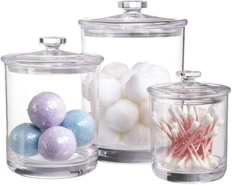 Amazon.com: STORi Premium Quality Plastic Apothecary Jars | Set of 3 Clear: Home & Kitchen Apothecary Jars Bathroom, Cotton Ball Holder, Plastic Jars With Lids, Apothecary Decor, Bathroom Canisters, Glass Apothecary Jars, Decor Baie, Acrylic Storage, Storage Canisters