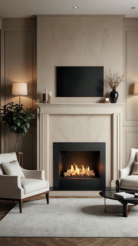 Classic Timeless Interior Design, Dark Chimney Feature Wall, Candle Fireplace Ideas, Chimney Aesthetic, Fireplace Makeover Marble, Two Tone Fireplace, Decorative Fireplace Ideas, Fireplace With Cabinets On Each Side, Townhouse Fireplace